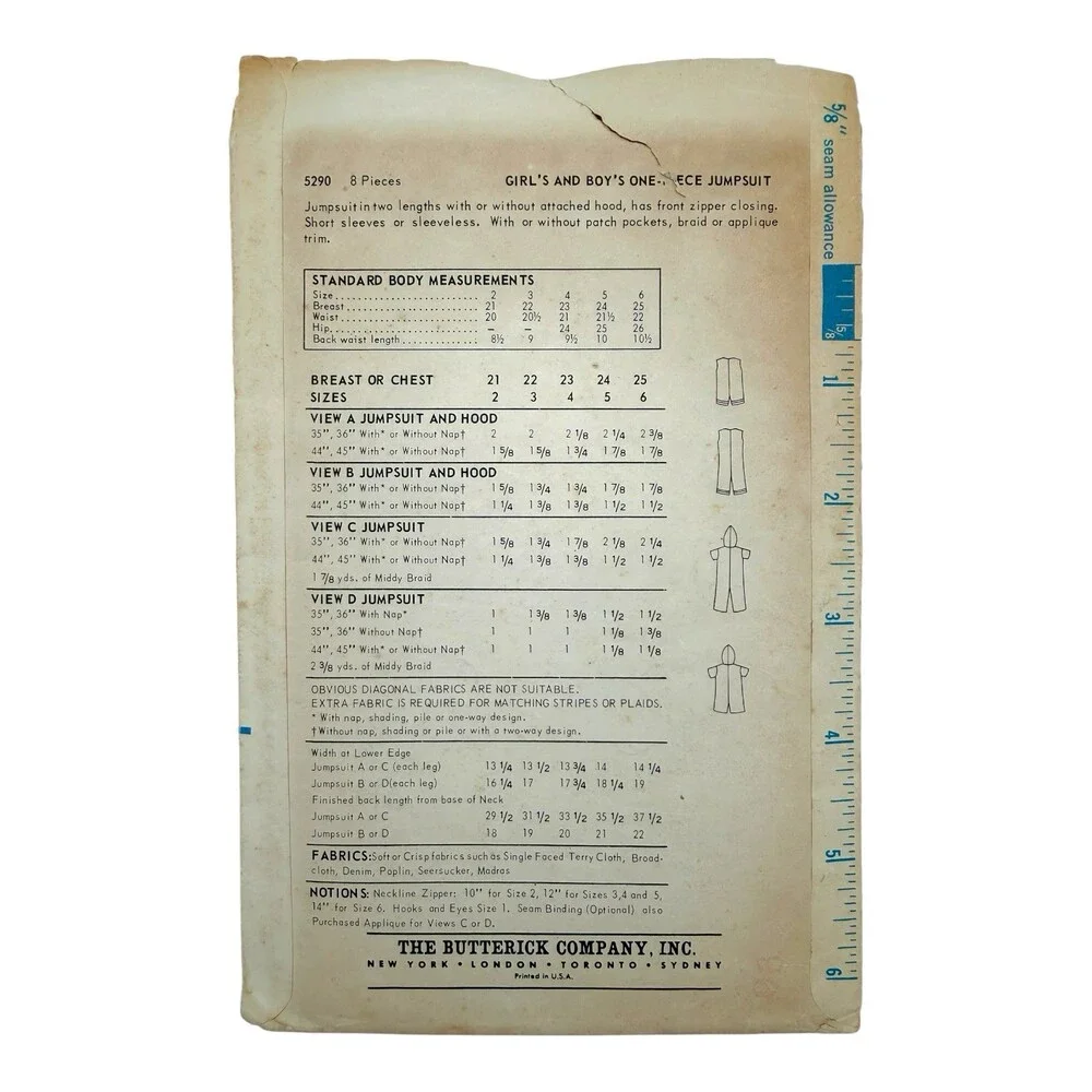 VTG 1969 Butterick Sewing Pattern Childs' Unisex One-Piece Jumpsuit Sz 2-4 #5290
